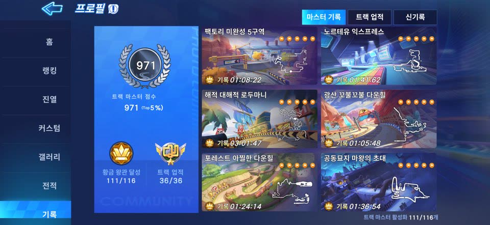 프로필의 기록 메뉴에서 마스터 기록 탭을 선택한 화면